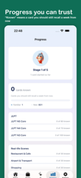 Progress screen with known-card counts